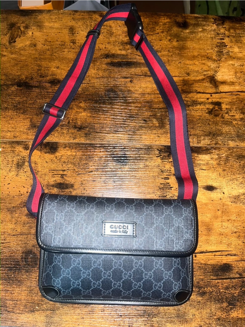Gucci Black GG Supreme Sling Bag with Red and Blue Web Strap